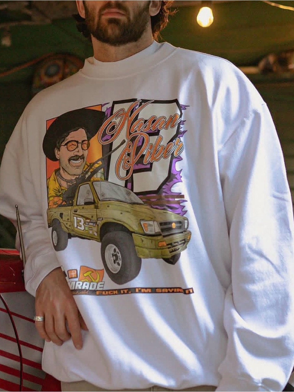 Hasan Piker White Crewneck Sweatshirt with Graphic Truck Print